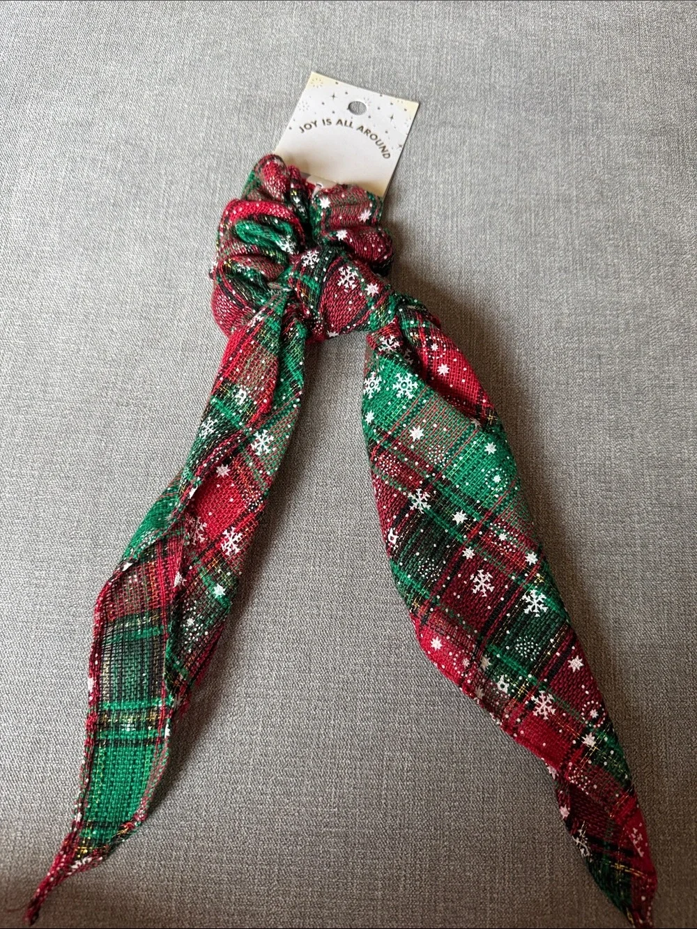 Holiday Plaid Bow Scrunchie with Tails - Red & Green